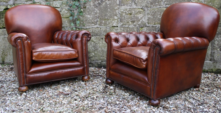 Buttoned Arm Antique Leather Club Chair Pair